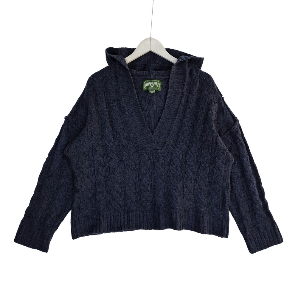 American Eagle Women Navy Blue Cable Knit Hooded Sweater V-Neck Pullover Medium